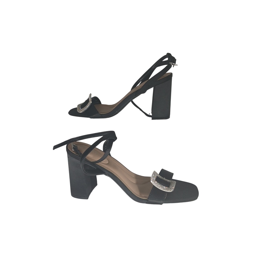 Kelly & Katie Ponie Sandals 9.5 Black Rhinestone Buckle Block Heel Evening Dress